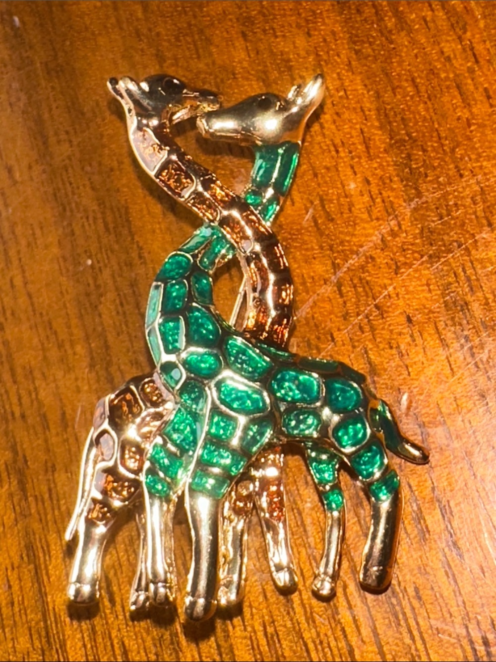 Green & Gold Interlocking Giraffe Duo Enamel Brooch